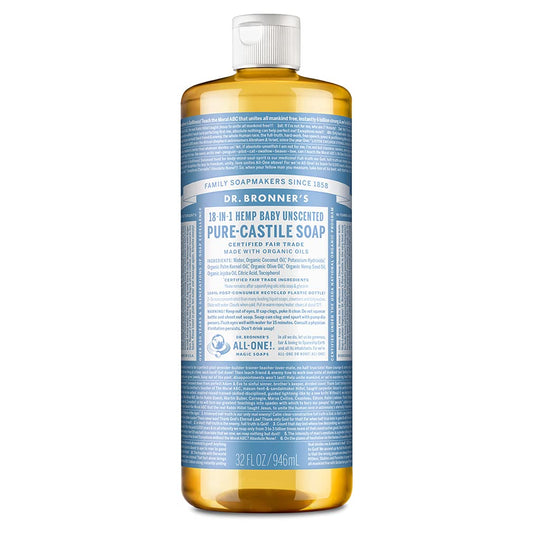 Dr. Bronner's - Pure-Castile Liquid Soap (Baby Unscented, 32 ounce) - Made with Organic Oils, 18-in-1 Uses: Face, Hair, Laundry and Dishes, For Sensitive Skin and Babies, No Added Fragrance, Vegan