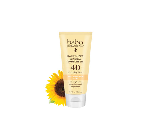 Babo Botanicals Daily Sheer Mineral Face Sunscreen Lotion SPF 40, Fragrance Free, 1.7 Fl Oz