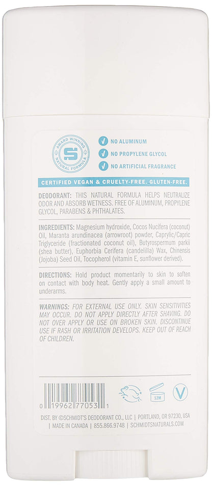 Schmidt's Natural Deodorant for Sensitive Skin - Fragrance-Free, 3.25 ounces. Stick for Women and Men
